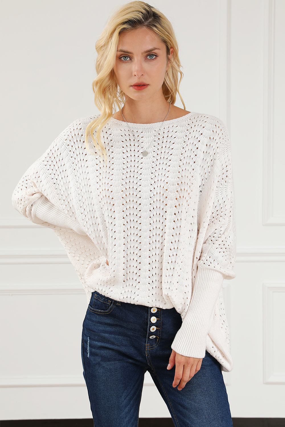 Ribbed Hollow Knit Dolman Sleeve Sweater | Beige