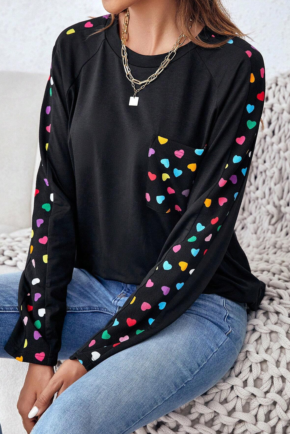 Valentine'S Day Love Hearts Raglan Sleeve Top | Black