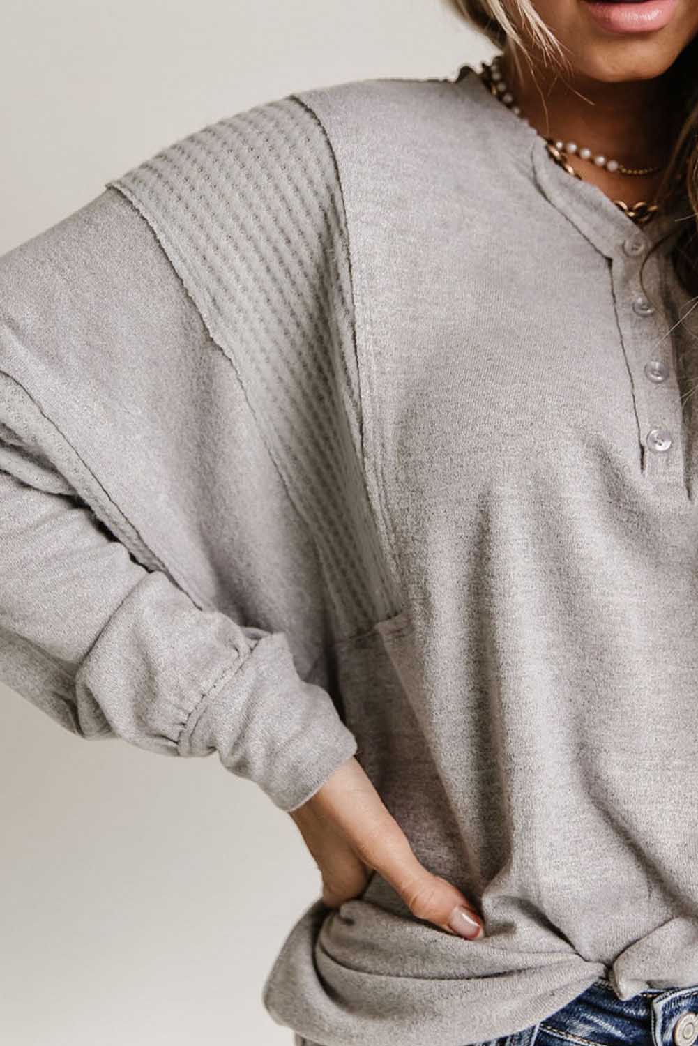 Waffle Patchwork Dolman Sleeve Henley Top | Gray