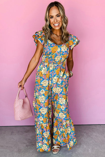 Floral Allover Print Shirred Cut Out High Waist Jumpsuit | Yellow