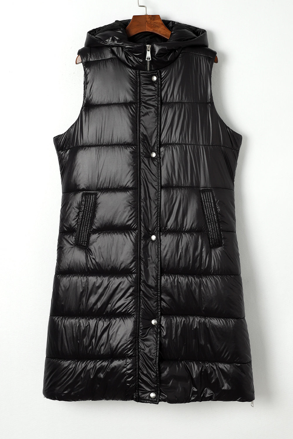 Hooded Long Quilted Vest Coat | Black