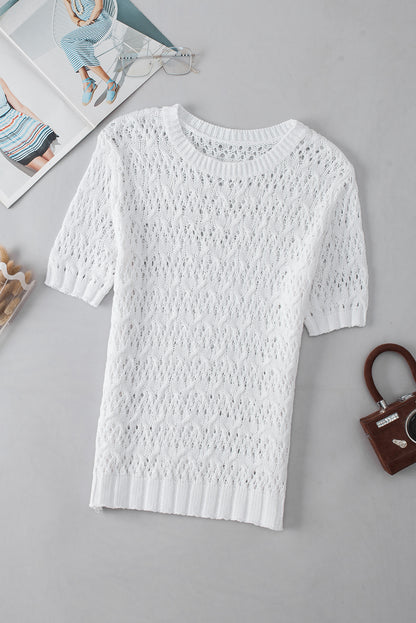 Hollow-Out Textured Half Sleeve Sweater | White