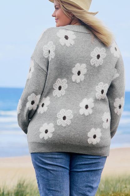 Plus Size Embroidered Floral Pattern Half Zip Sweater | Gray