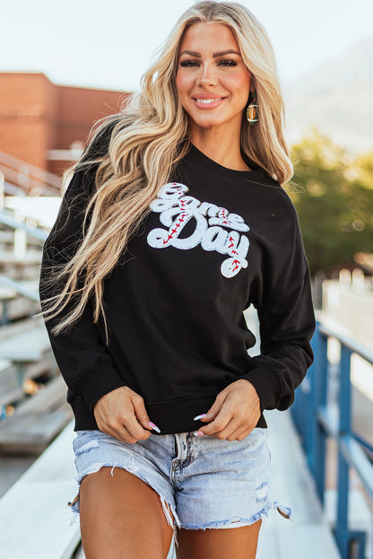 Sequined Game Day Graphic Crew Neck Sweatshirt | Black