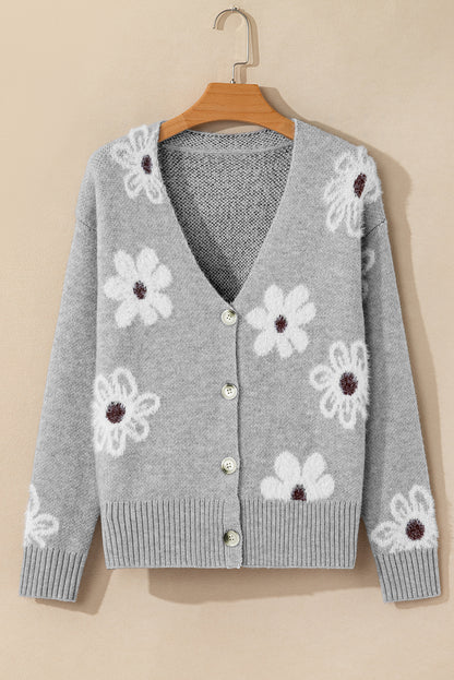 Floral Print V Neck Knitted Button Up Cardigan | Light Grey