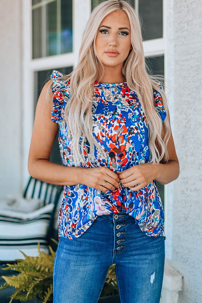 Floral Print Tank Top With Ruffles | Blue