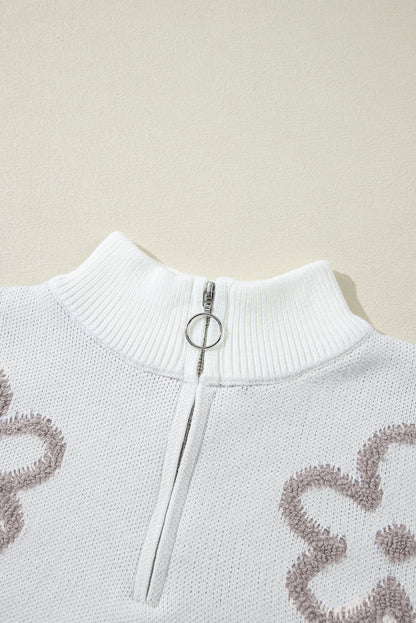 Contrast Flower Half Zipper Stand Neck Sweater | White