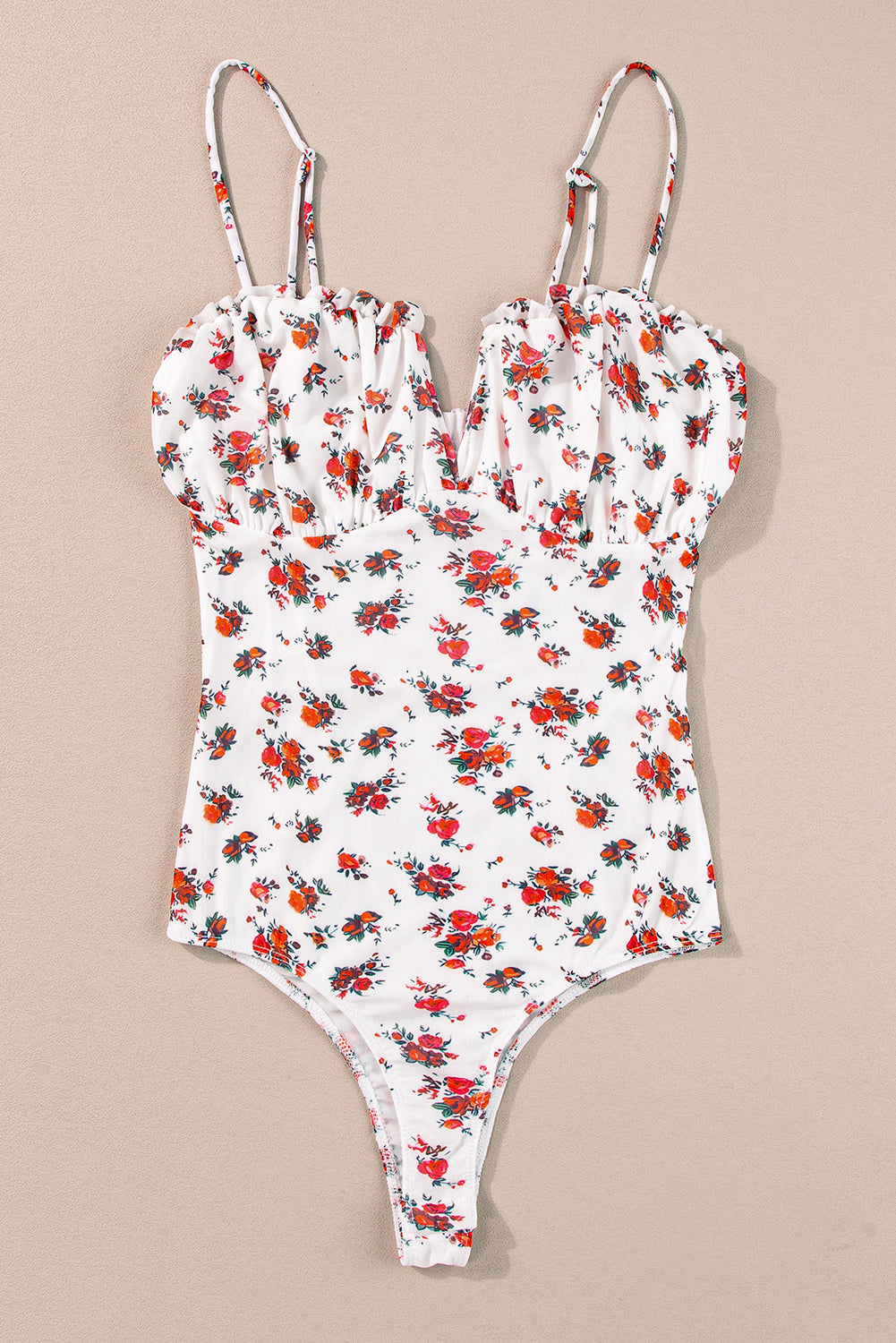 Floral V Cut Frilled Trim Spaghetti Straps Bodysuit | White