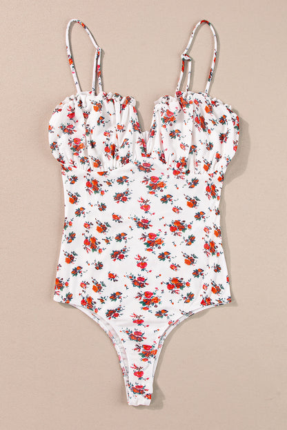 Floral V Cut Frilled Trim Spaghetti Straps Bodysuit | White