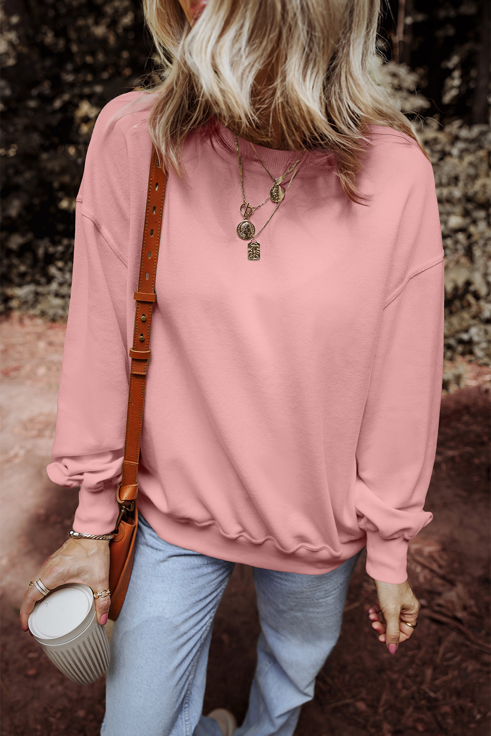 Loose Drop Shoulder Ribbed Sweatshirt | Pink