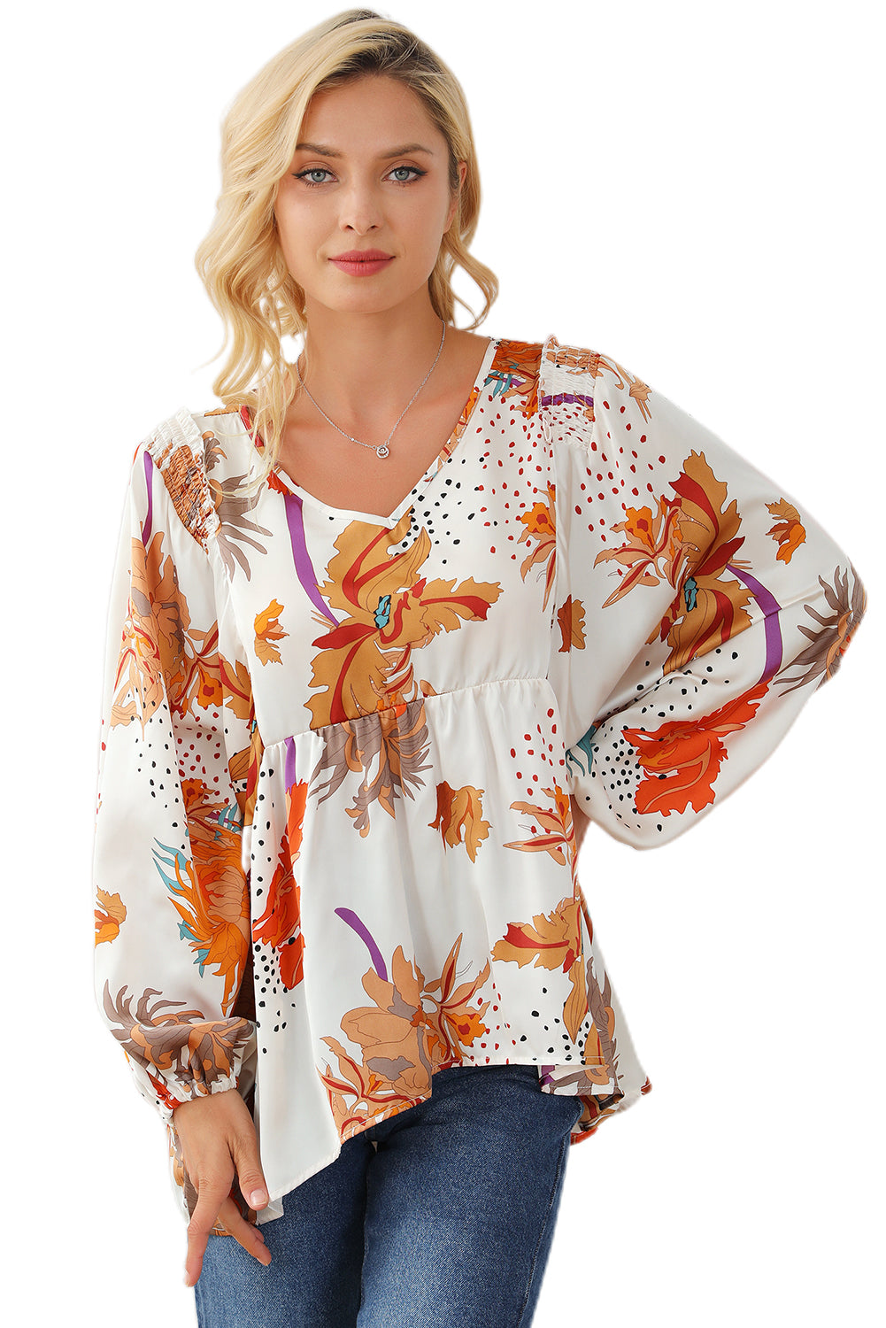 Floral Print V Neck Babydoll Blouse | Multicolour