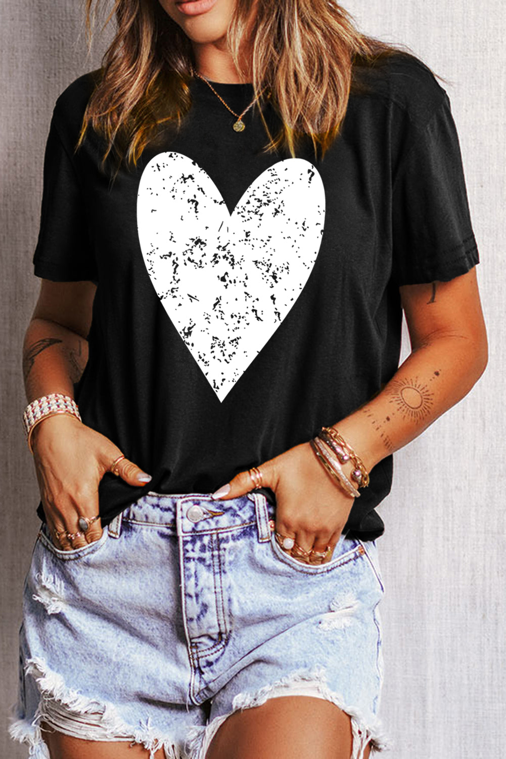 Valentines Heart Printed Round Neck T Shirt | Black