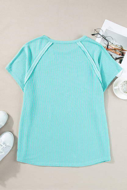 Ribbed Exposed Seam Casual Plus Size T Shirt | Light Blue