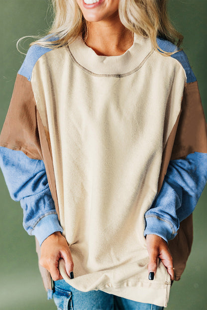 Sky Blue Ribbed Detail Color Block Sleeve Baggy Sweatshirt