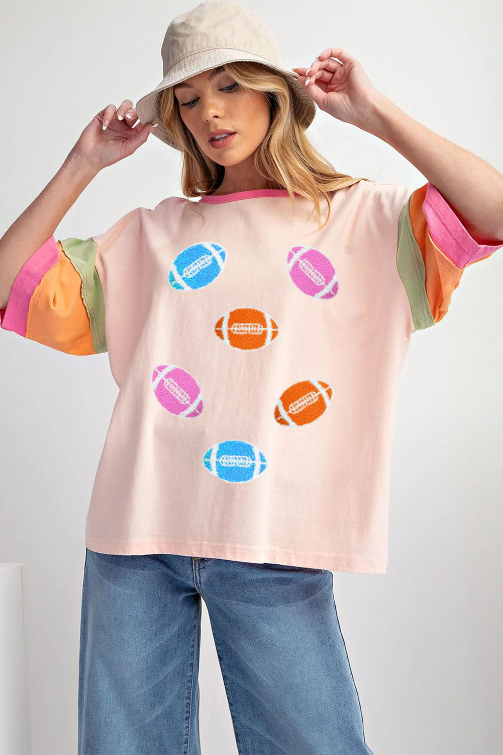 Rugby Chenille Embroidered Colour Block Half Sleeve T Shirt | Pink