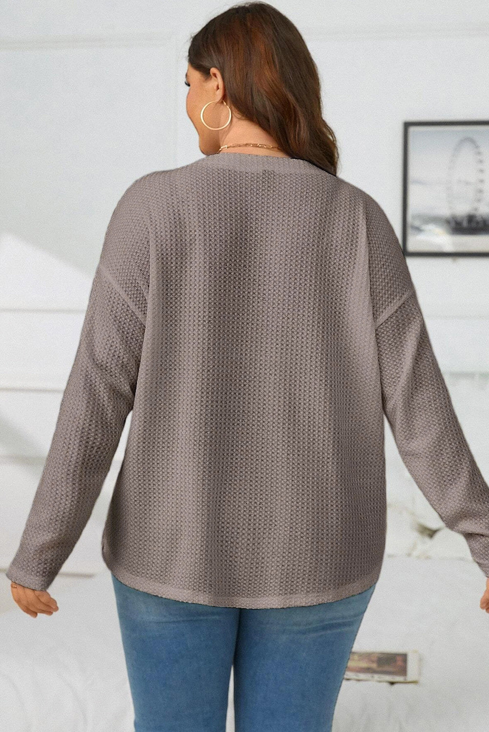 Waffle Knit Drop Shoulder Button V Neck Plus Size Top | Simply Taupe