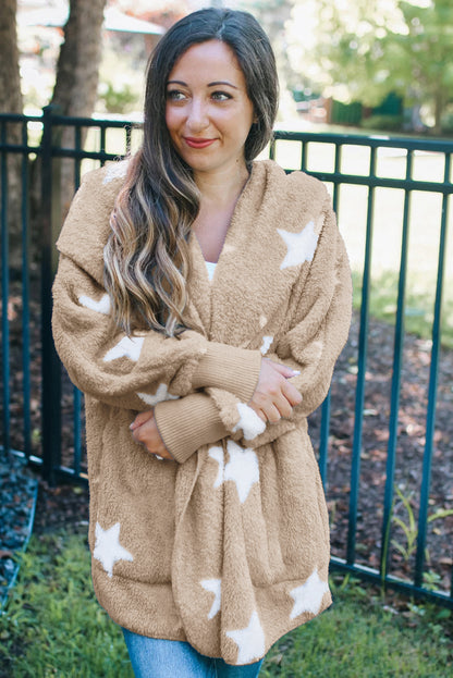 Lapel Collar Scatter Star Fuzzy Coat | Khaki