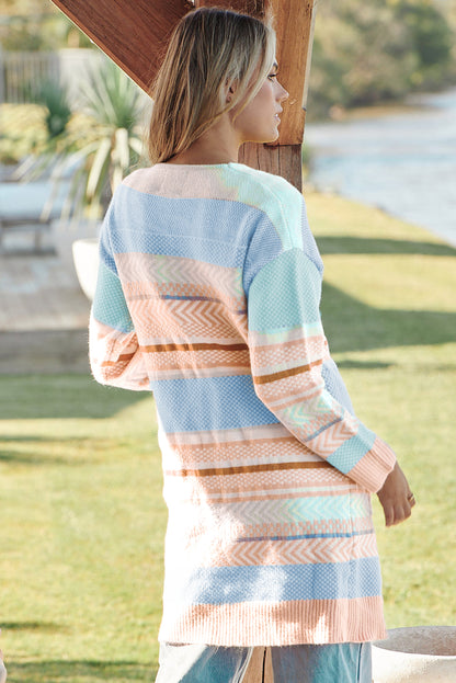 Striped Printed Knitted Open Front Cardigan | Multicolour