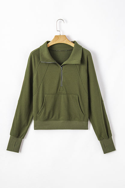 Quarter Zip Stand Neck Kangaroo Pocket Sweatshirt | Moss Green