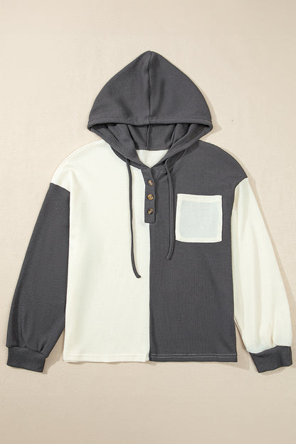 Waffle Colourblock Buttons Placket Drop Shoulder Drawstring Hoodie | Dark Grey