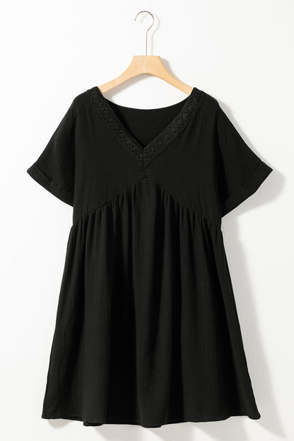 Folded Short Sleeve Lace V Neck Mini Dress | Black