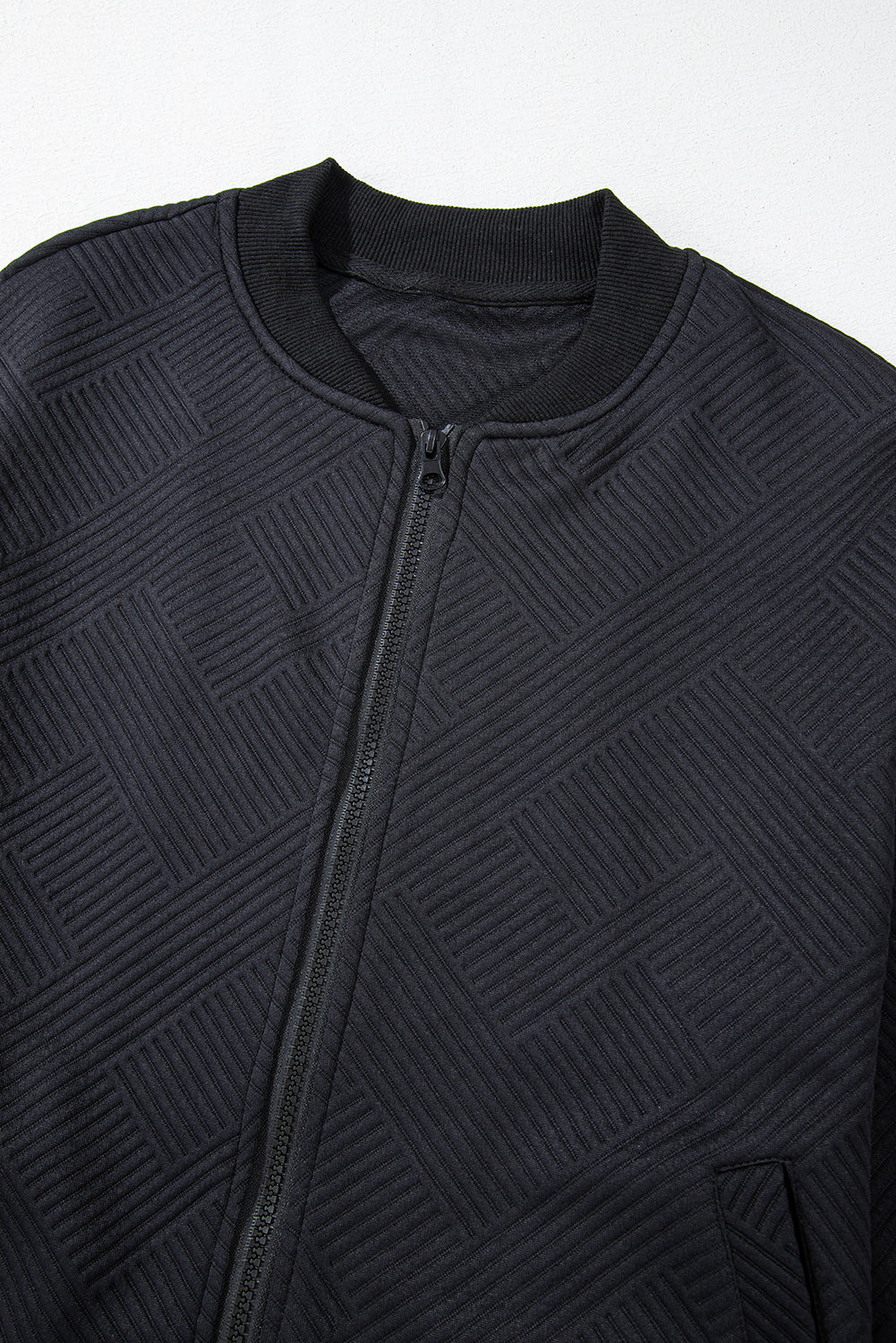 Solid Textured Stand Neck Zipper Bomber Jacket | Black