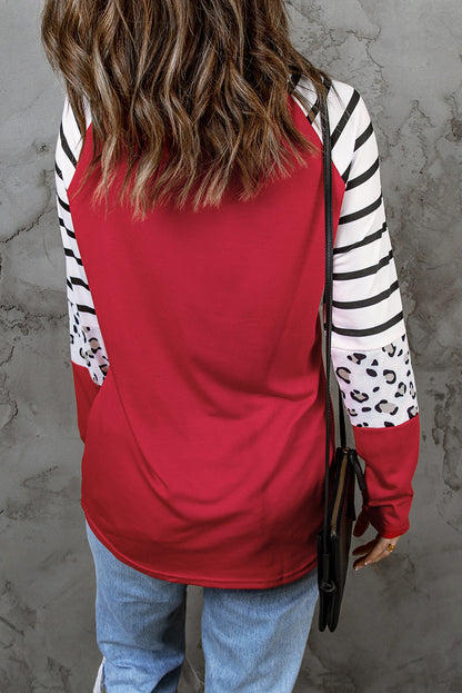 Fiery  Valentines Leopard Heart Print Colour Block Long Sleeve Top | Red