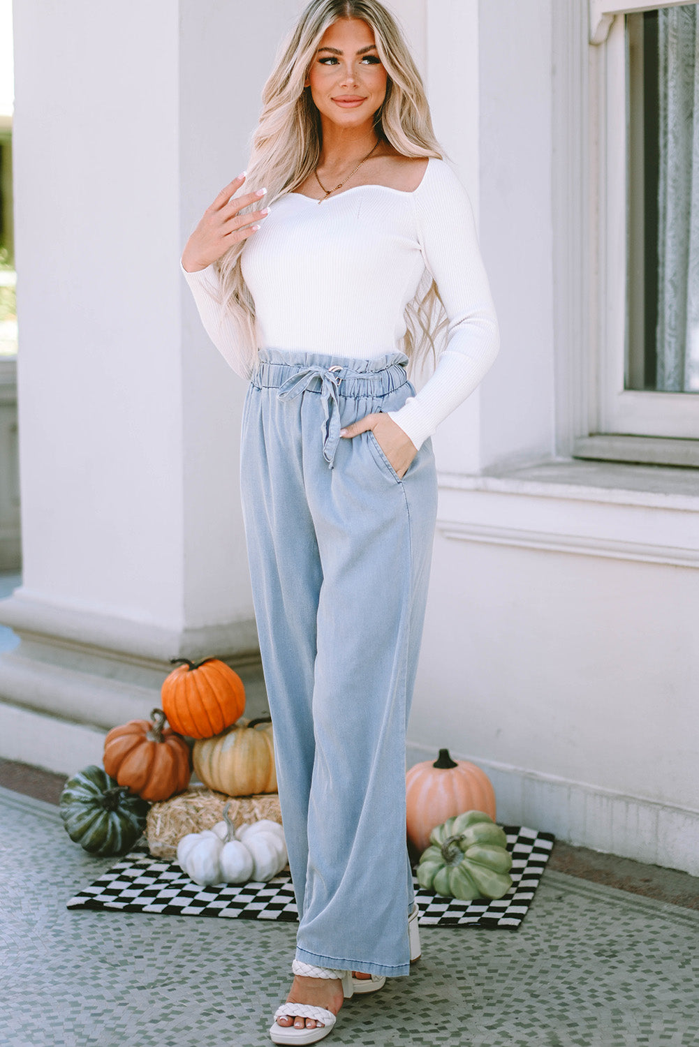 High Waist Pocketed Wide Leg Tencel Jeans | Sky Blue