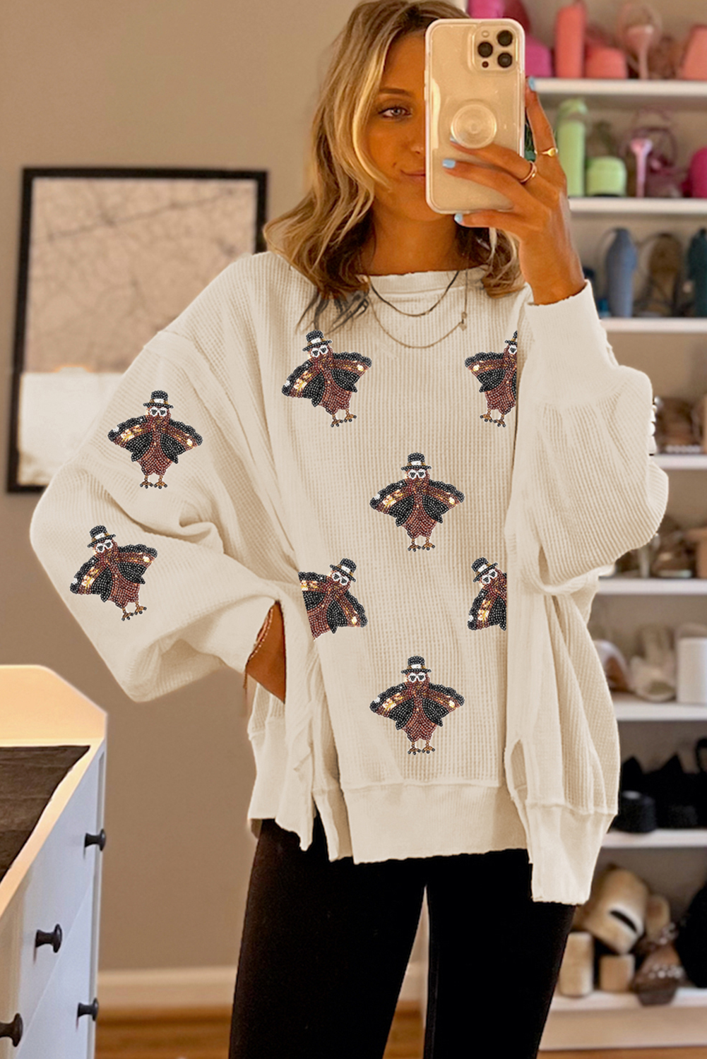 Thanksgiving Turkey Waffle Oversized Knit Top | White