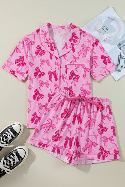 Bow Print Half Sleeve Shirt And Shorts Pajamas Set | Pink