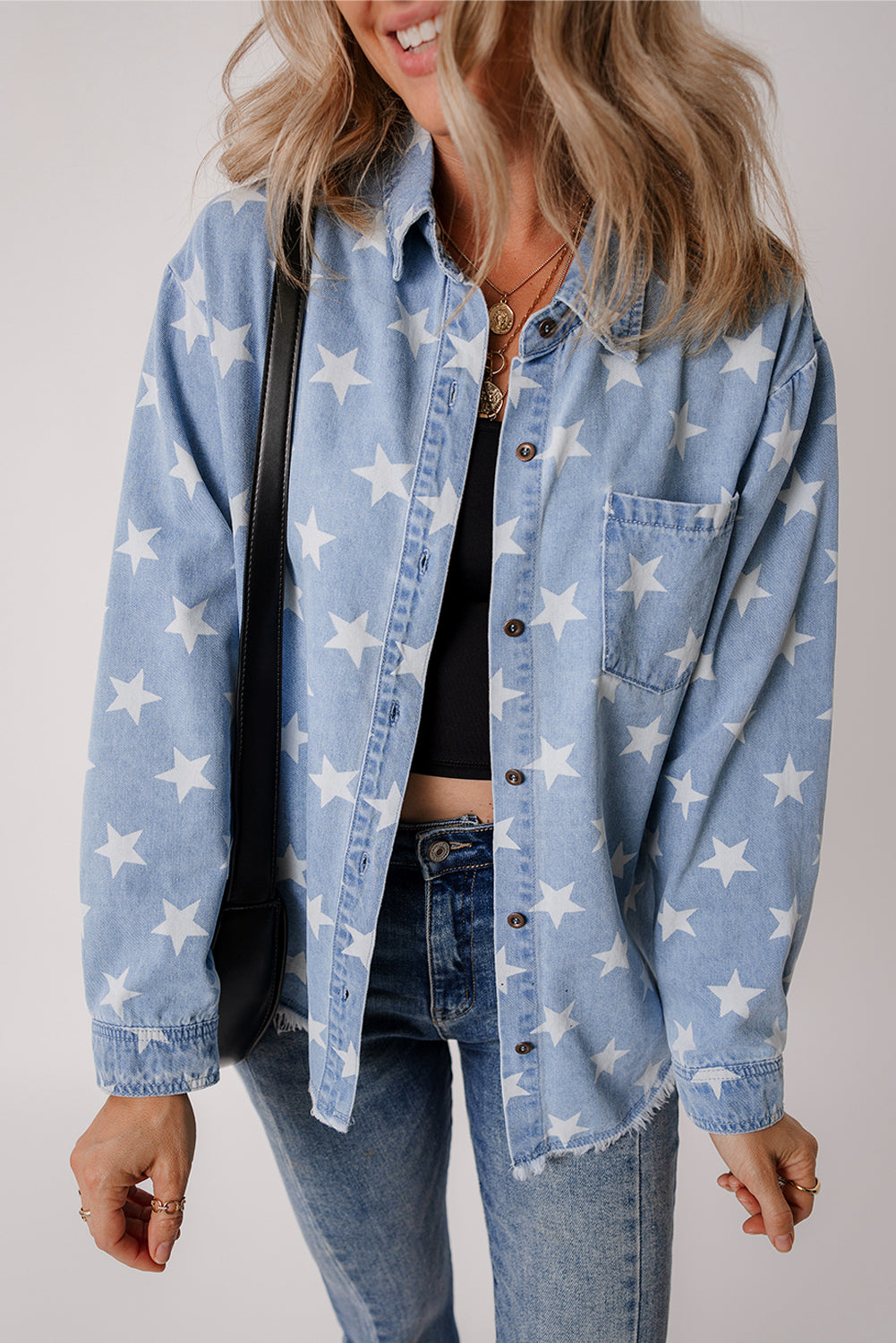 Star Print Light Wash Raw Hem Denim Jacket | Sky Blue