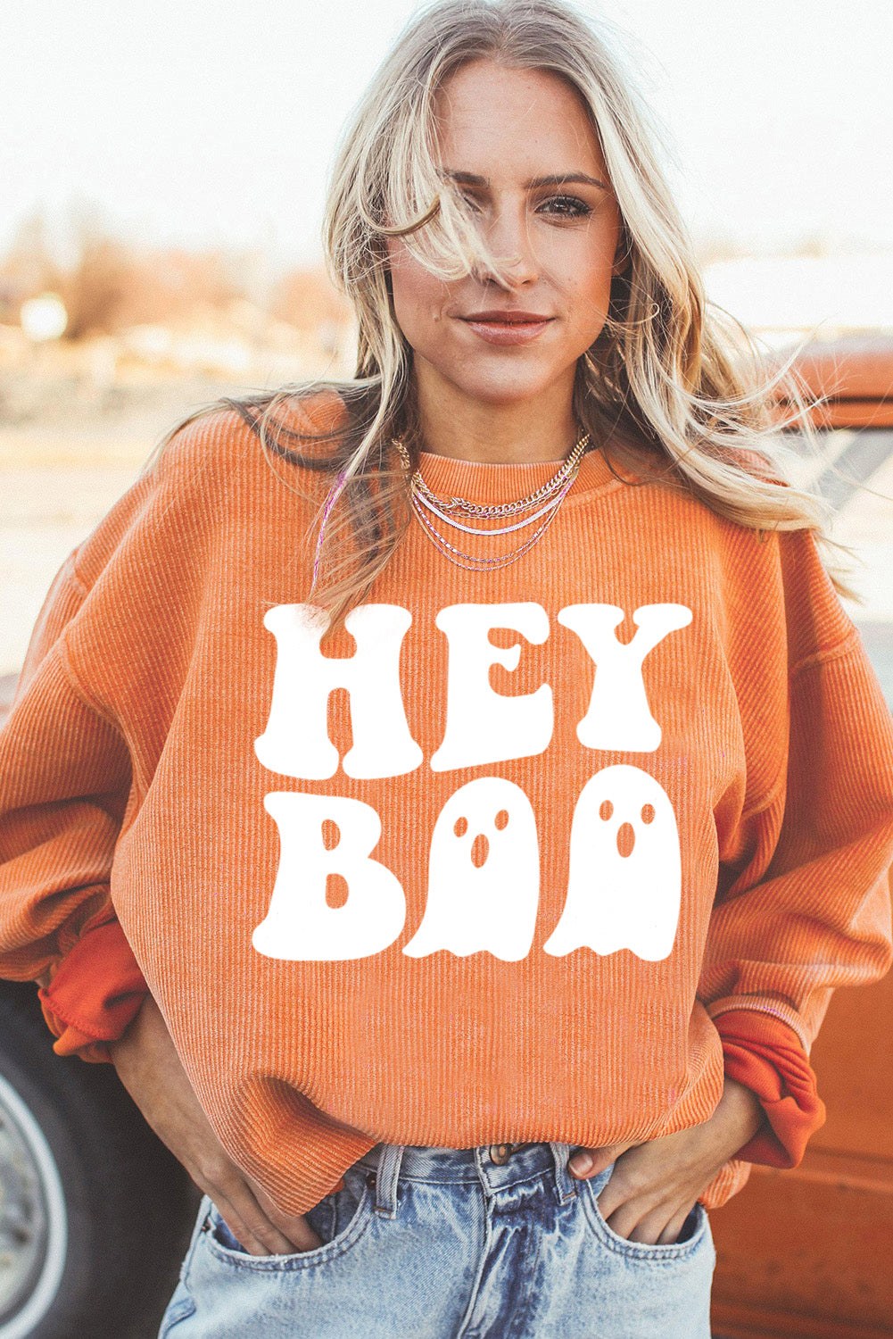 Halloween Hey Boo Ghost Print Loose Sweatshirt | Orange