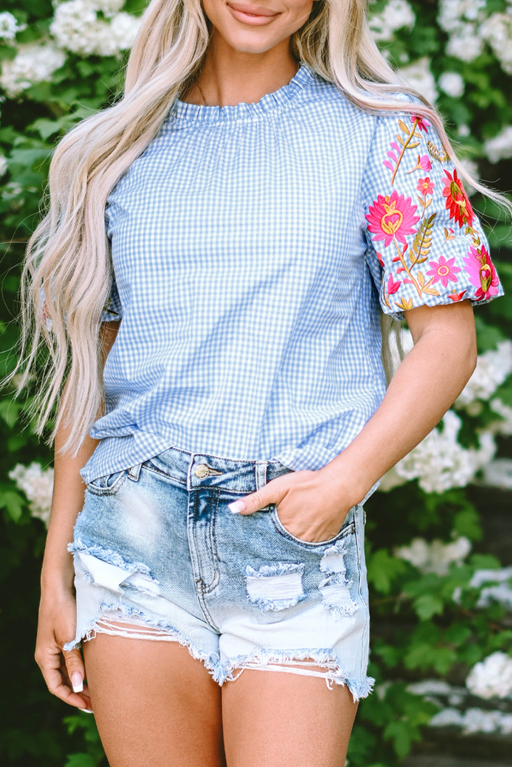 Gingham Floral Embroidered Puff Sleeve Blouse | Light Blue