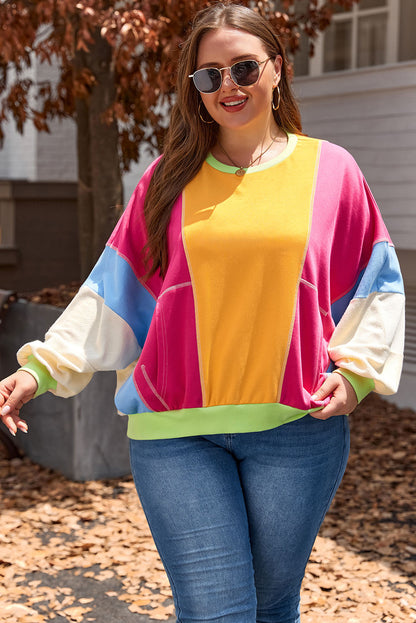 Plus Size Colourblock Patchwork Exposed Seam Sweatshirt | Rose Red