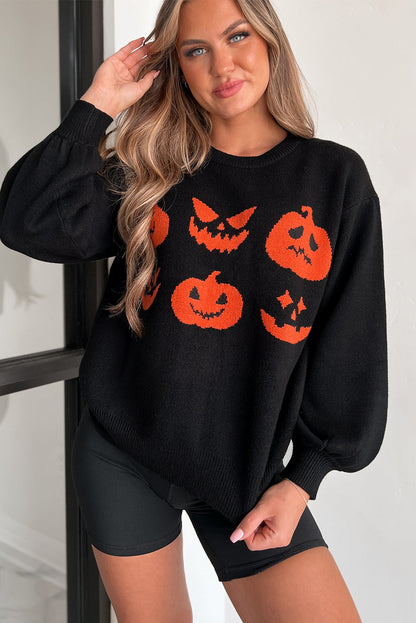 Halloween Pumpkin Face Pattern Drop Shoulder Sweater | Black