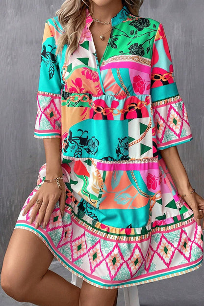 Abstract Printed Half Sleeve Notched Neck Mini Dress | Multicolour