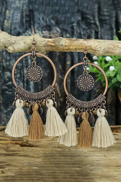 Boho Round Tasseled Dangle Earrings | Beige