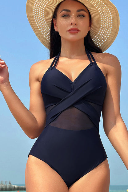 Halter Mesh Insert Cross Front One-Piece Swimsuit | Navy Blue