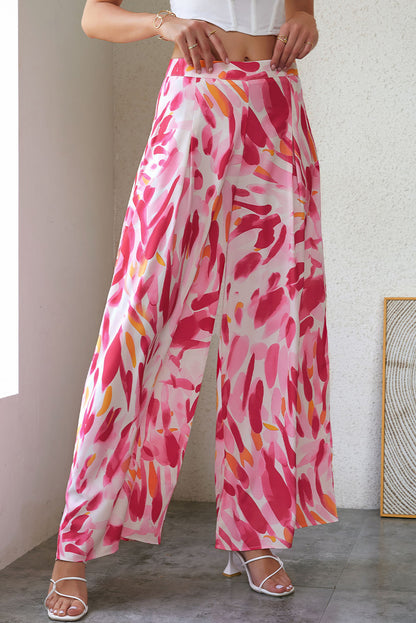 Boho Abstract Floral Print Wide Leg Pants | Rose