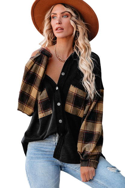 Plaid Patchwork Chest Pockets Oversized Shirt Jacket | Black