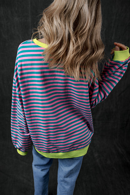 Oversized Contrast Trim Pullover Sweatshirt | Green Stripe