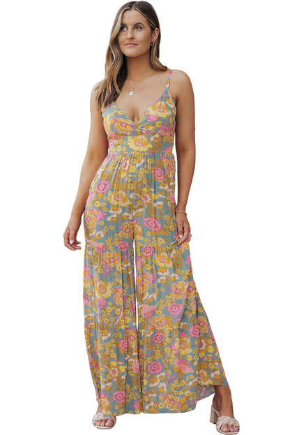 Adjustable Straps Floral Tiered Wide Leg Jumpsuit | Sky Blue