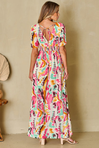 Boho Tie-Dye Print V Neck Maxi Dress | Pink