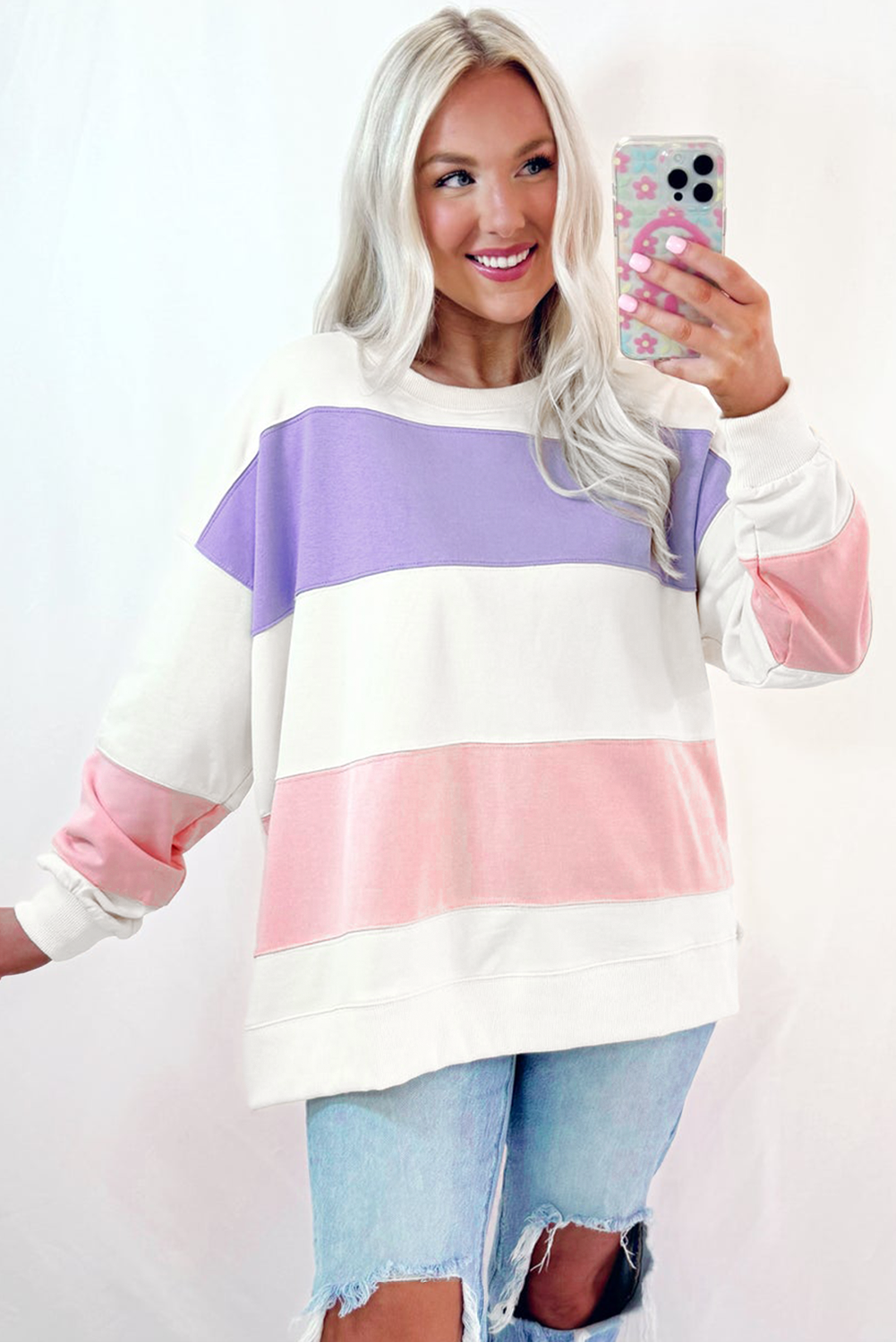 Colourblock Patchwork Drop Shoulder Crewneck Sweatshirt | Beige