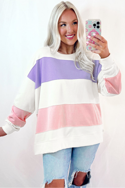 Colourblock Patchwork Drop Shoulder Crewneck Sweatshirt | Beige