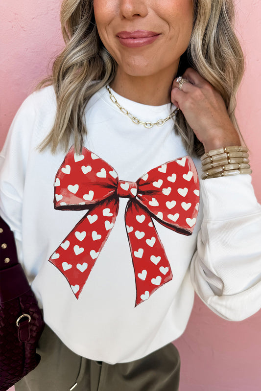 White Heart Bow Printed Round Neck Valentines Pullover Sweatshirt