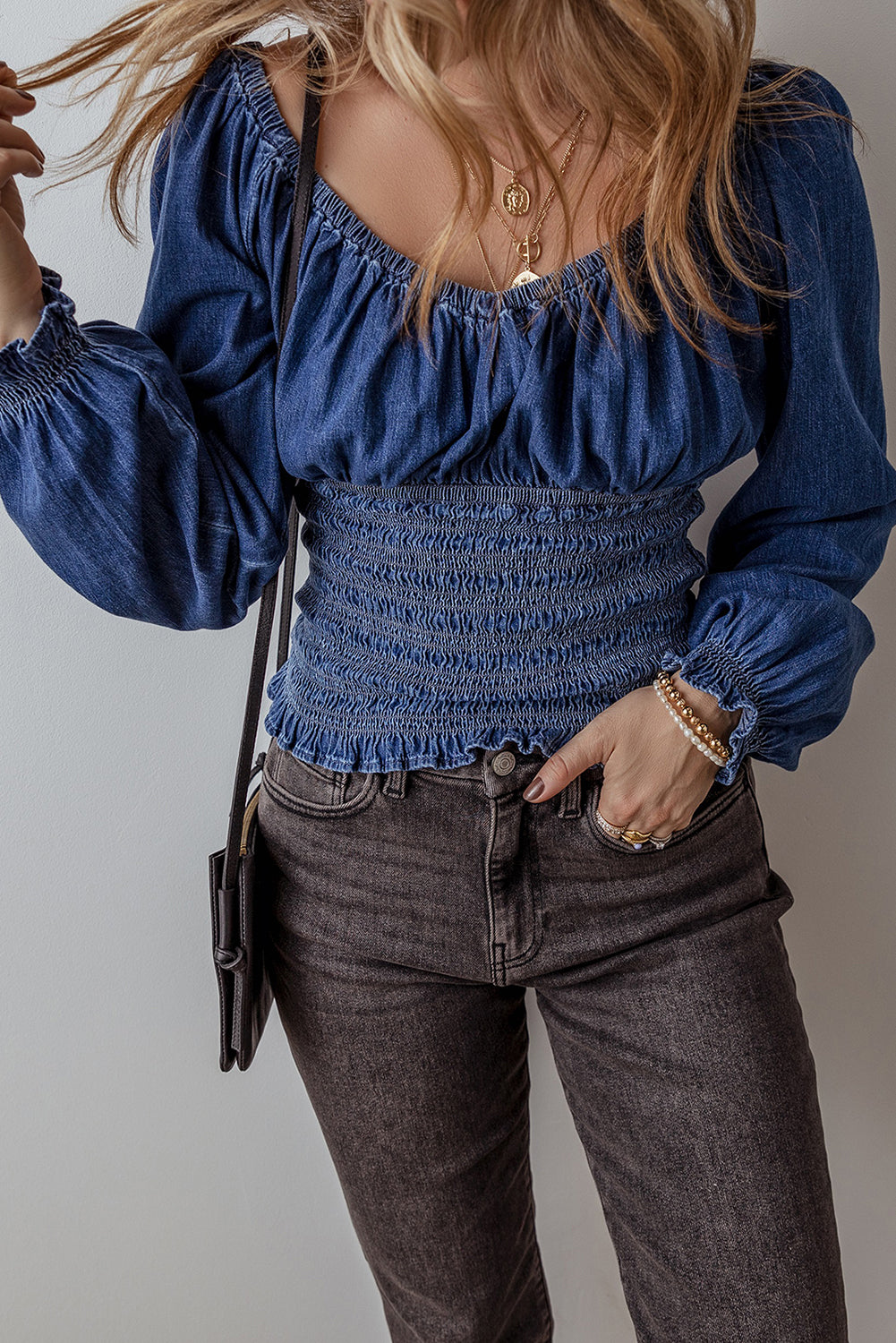 Smocked Ruffled Puff Sleeve V Neck Denim Blouse | Dark Blue