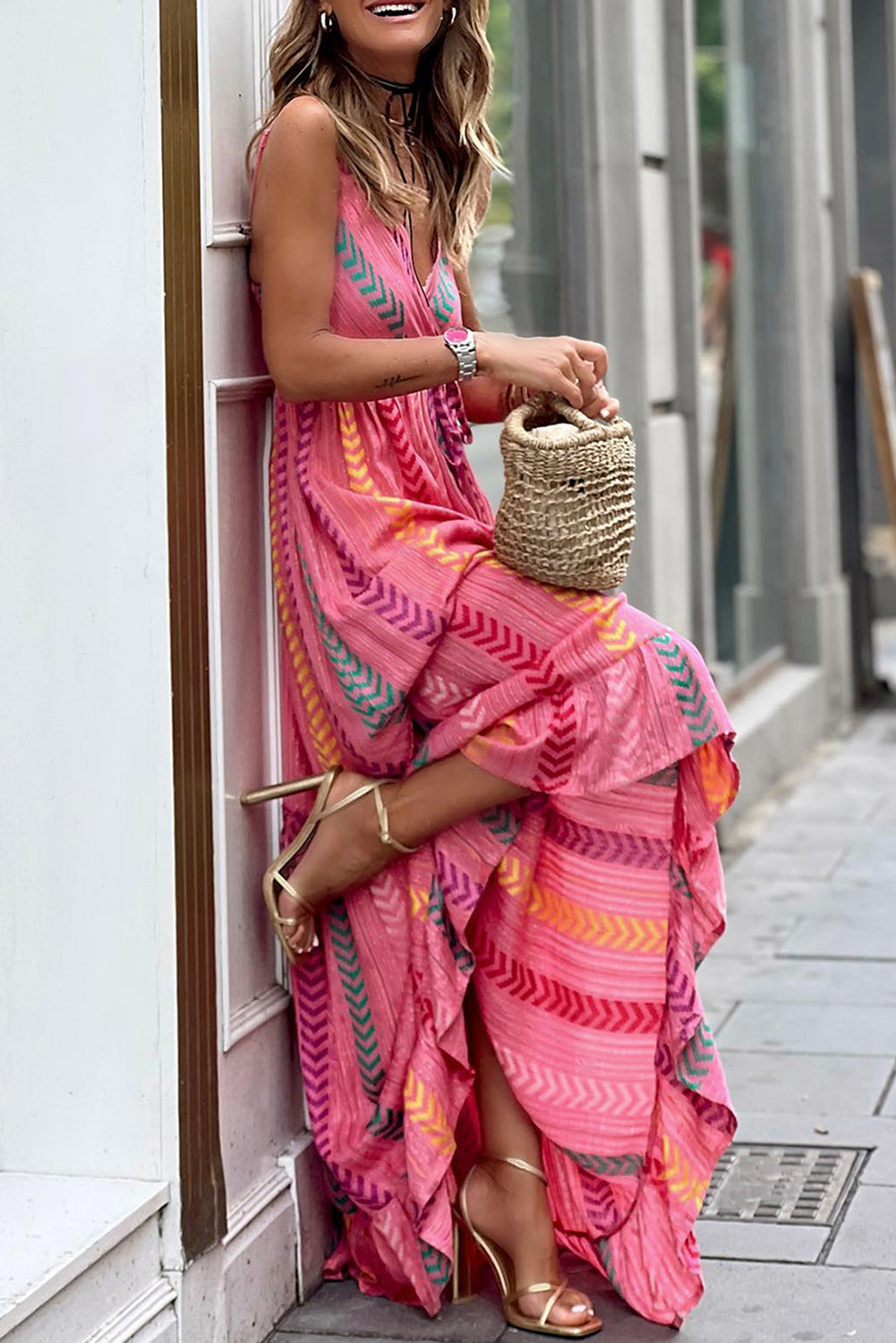 Western Printed Tassel Tie V Neck Wrap Maxi Dress | Pink