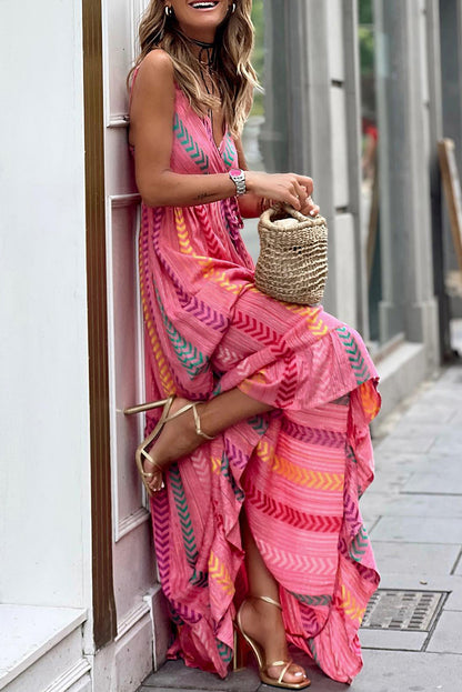 Western Printed Tassel Tie V Neck Wrap Maxi Dress | Pink