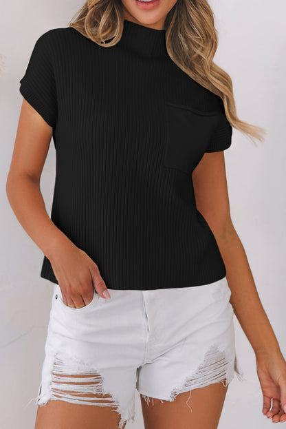 Patch Pocket Ribbed Knit Short Sleeve Sweater | Black